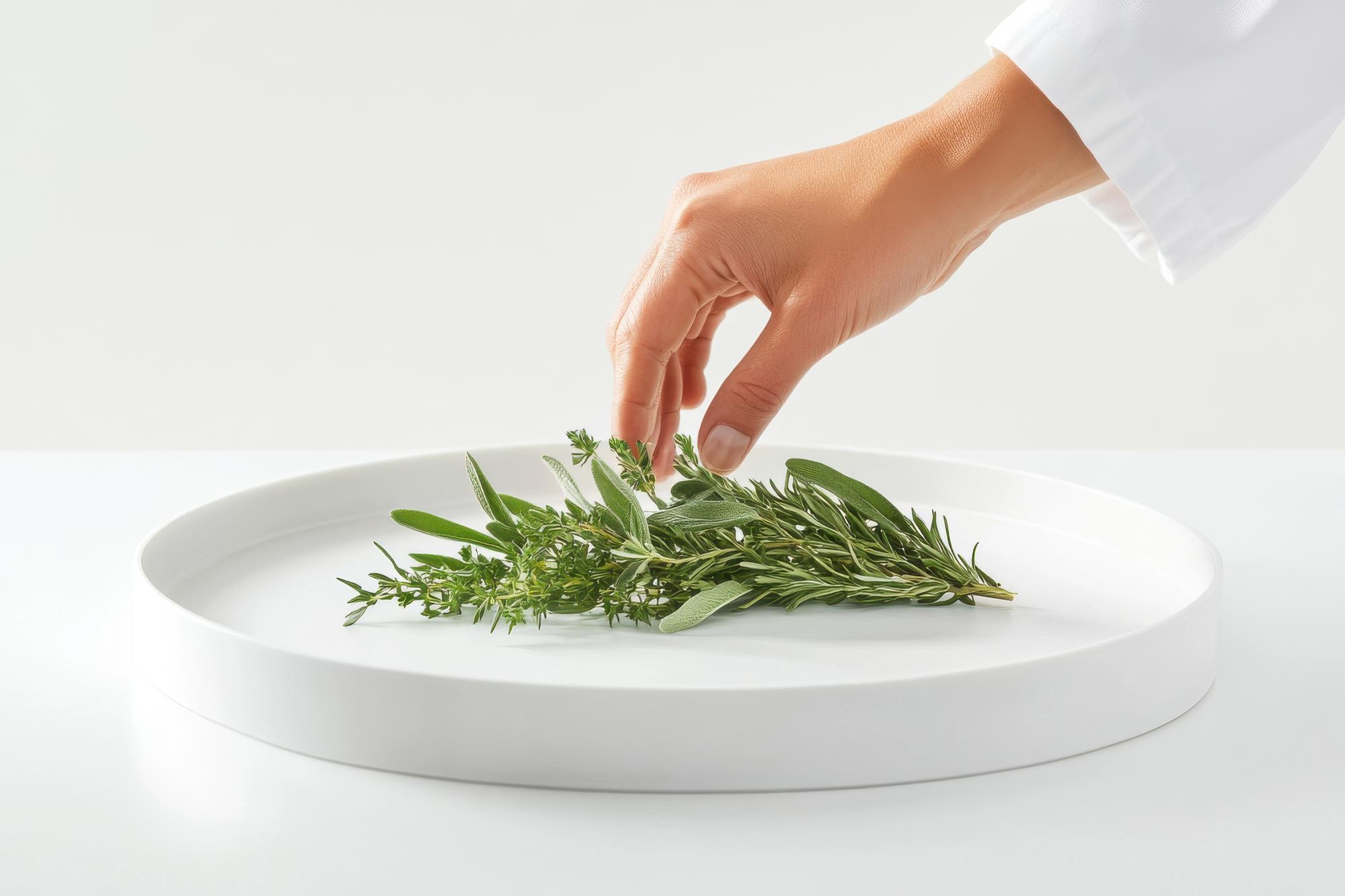 Chef arranging herbs on plate